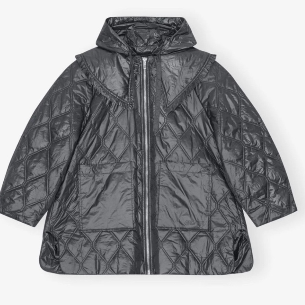 Ganni Shiny Quilted Midi Jacket - Gray